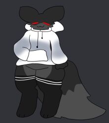  anthro black_body black_fur canid canine closed_eyes clothed clothing domestic_cat felid feline felis fluffy fluffy_tail fox fur hand_in_pocket hi_res hybrid hyperfreakfem jacket legwear male mammal pockets red_eyes simple_background solo tail thigh_highs topwear valance_(hyperfreakfem) 