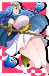  amekurage999 bare_shoulders blue_hair blush boots breasts cape cleavage dragon_quest dragon_quest_rivals dress elbow_gloves female gloves highres large_breasts long_hair open_mouth panties red_eyes sage_(dq3) slime_(dragon_quest) staff strapless tiara underwear 