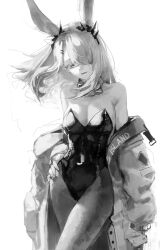  alternate_costume animal_ears arknights bare_shoulders bow bowtie breasts cleavage commentary contrapposto covered_navel cowboy_shot detached_collar female fingernails frostnova_(arknights) gandy_(gan3e46) greyscale hair_ornament hair_over_one_eye hairclip hand_on_own_hip highres jacket leotard long_hair looking_at_viewer medium_breasts monochrome pantyhose parted_lips playboy_bunny rabbit_ears rabbit_girl scar scar_on_face scar_on_nose simple_background smile solo strapless strapless_leotard unworn_jacket 