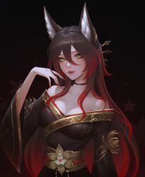  absurdres alisa_nilsen animal_ear_fluff animal_ears bare_shoulders black_choker breasts brown_hair choker cleavage commentary female fox_ears fox_girl fugue_(honkai:_star_rail) gradient_hair green_eyes hair_between_eyes hair_ornament highres honkai:_star_rail honkai_(series) large_breasts long_hair long_sleeves looking_at_viewer multicolored_hair off_shoulder parted_lips red_hair red_nails solo tingyun_(honkai:_star_rail) upper_body very_long_hair 