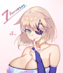  bare_shoulders blindfold blonde_hair blue_eyes breasts bridal_gauntlets character_name cleavage closed_mouth collarbone dress elbow_gloves eyepatch female finger_to_mouth fingernails g.h_(gogetsu) gloves hair_ornament heart highres huge_breasts index_finger_raised large_breasts looking_at_viewer nail_polish pink_background pink_nails short_hair smile solo strapless strapless_dress upper_body warship_girls_r yorktown_(warship_girls_r) 