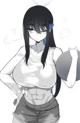  abs absurdres alternate_costume blue_archive blue_eyes blue_halo breasts colored_inner_hair denim denim_shorts female greyscale halo highres hkt7ttthvs26031 large_breasts monochrome multicolored_hair muscular muscular_female navel saori_(blue_archive) shirt shorts solo tied_shirt white_shirt 