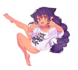  :d absurdres bare_legs barefoot blush braid braided_ponytail clothes_writing collarbone commentary dark-skinned_female dark_skin feet female full_body gem hair_between_eyes hair_flaps highres jahy jahy-sama_wa_kujikenai! jewelry legs long_hair looking_at_viewer necklace no_pants oerba_yun_fang open_mouth oversized_clothes pointy_ears purple_hair red_eyes revision seongsu_twit shirt short_sleeves simple_background single_braid smile soles solo t-shirt toes very_long_hair white_background white_shirt 