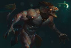  2024 4_fingers anglerfish anthro biceps bioluminescence claws fin finger_claws fingers fish glowing hi_res male marine membrane_(anatomy) muscular muscular_anthro nude open_mouth pecs sharp_teeth signature solo tail taran_fiddler teeth underwater water webbed_hands were weretober 