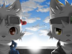  anthro clothing domestic_cat duo eyewear felid feline felis fur goggles hair jacket light looking_at_viewer male mammal red_eyes rirusuke shirt sky smile sunlight topwear white_body white_fur yellow_eyes 