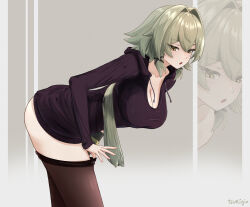  :o alternate_costume arched_back artist_name ass bare_shoulders black_sweater black_thighhighs breasts caesar_king_(zenless_zone_zero) cleavage female from_side gixtsuki green_hair hair_between_eyes hair_intakes highres long_hair prosthesis prosthetic_arm solo sweater thighhighs thighs yellow_eyes zenless_zone_zero zoom_layer 