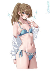  bare_shoulders blue_bra blue_panties blush bow bow_bra bow_panties bra breasts brown_hair commentary_request cropped_legs ebifurya female grey_eyes groin hair_between_eyes hair_intakes hand_up highres kantai_collection kumano_(kancolle) long_hair long_sleeves looking_at_viewer navel off_shoulder one-hour_drawing_challenge open_clothes open_shirt panties ponytail shirt side-tie_panties simple_background small_breasts smile solo sparkle twitter_username underwear white_background white_shirt 