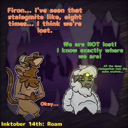  anthro cave dialogue digital_media_(artwork) duo female firon_(nopov) fur headlamp hi_res inktober inktober_2024 lamp lost male male/female mammal raila_(nopov) relyt2442 simple_background spelunking tail text the_nature_of_predators toony venlil_(the_nature_of_predators) 