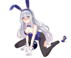  absurdres animal_ears bails black_survival blue_eyes blush breasts character_request cleavage collarbone crystal_ball eternal_return:_black_survival fake_animal_ears female full_body gloves grey_hair highres kneeling long_hair looking_at_viewer open_mouth pantyhose playboy_bunny shoes solo sweat torn_clothes torn_pantyhose white_background 