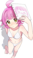  ahoge bikini blunt_bangs blush breasts closed_mouth collarbone commentary female from_above furrowed_brow highres holding holding_sketchbook kishimen_hair leg_up looking_at_viewer love_live! love_live!_nijigasaki_high_school_idol_club mochi_(znkn4524) navel petite pink_hair rina-chan_board shadow short_hair sketchbook small_breasts solo standing stomach swimsuit tennoji_rina white_background white_bikini yellow_eyes 