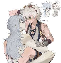  absurdres armpits arms_up bana_gameg bennett_(genshin_impact) gloves green_eyes grey_hair highres licking licking_armpit long_hair nude one_eye_closed pants razor_(genshin_impact) red_eyes scar scar_on_arm topless topless_male white_hair yaoi 