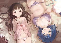  absurdres alternate_costume bed blue_eyes blue_hair blush breasts brown_eyes brown_hair cleavage closed_mouth commentary_request highres long_hair looking_at_viewer make_heroine_ga_oo_sugiru! medium_hair navel nukumizu_kaju open_mouth painnico small_breasts smile underwear yanami_anna 