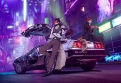  absurd_res anthro brown_body brown_fur canid canine canis car cybernetic_limb cyberpunk cyberpunk_2077 domestic_cat duo felid feline felis female fur grey_body grey_fur hi_res hilex male male/female mammal smoking vehicle wolf 