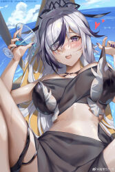  a150_(warship_girls_r) absurdres bare_shoulders bikini black_bikini black_hair blue_sky blush breasts cup day drinking_glass eyes_visible_through_hair female grey_hair haidai571hao hair_over_one_eye heart heart-shaped_pupils highres holding holding_cup large_breasts long_hair looking_at_viewer lying multicolored_hair nail_polish navel ocean on_back open_mouth outdoors ponytail purple_eyes purple_nails sarong sky smile solo spread_legs stomach streaked_hair sweat swimsuit symbol-shaped_pupils thigh_strap warship_girls_r water white_hair wine_glass 