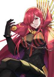  black_bodysuit black_gloves bodysuit boobplate breasts cape chains chantu_irasu crossed_legs fate/grand_order fate_(series) female gloves grin hair_between_breasts hair_over_one_eye hand_up highres large_breasts long_hair mystical_high_collar oda_nobunaga_(fate) oda_nobunaga_(maou_avenger)_(fate) red_cape red_eyes red_hair simple_background sitting smile solo very_long_hair white_background 