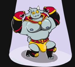  anthro biceps big_bulge bovid bulge caprine championship_belt enfer_belial flexing fur goat grey_body grey_fur hi_res horn kings_of_hell male mammal muscular muscular_anthro muscular_male nipples pecs pop_goes_weasel red_eyes solo wrestling_briefs yellow_sclera 