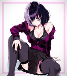  :&lt; absurdres alternate_costume arm_support black_eyeshadow black_hair black_nails black_skirt black_tank_top black_thighhighs breasts cleavage closed_mouth commentary english_commentary eyes_visible_through_hair eyeshadow feet_out_of_frame female fingernails grey_hair hair_over_one_eye highres hololive hololive_english inset_border jacket knee_up large_breasts long_fingernails long_sleeves looking_at_viewer makeup medium_hair multicolored_hair nail_polish off_shoulder partially_unzipped pleated_skirt porougon purple_jacket shadow shiori_novella sitting skirt solo split-color_hair spread_legs tank_top thighhighs two-tone_hair virtual_youtuber white_background yellow_eyes 