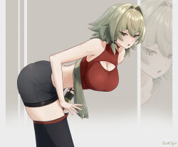  :o alternate_costume arched_back artist_name ass bare_shoulders black_shorts black_thighhighs breasts caesar_king_(zenless_zone_zero) cleavage crop_top female from_side gixtsuki green_hair hair_between_eyes hair_intakes highres long_hair midriff prosthesis prosthetic_arm shorts solo thighhighs thighs yellow_eyes zenless_zone_zero zettai_ryouiki zoom_layer 