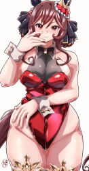  absurdres alternate_costume animal_ears ass_visible_through_thighs bare_shoulders blush braid braided_hair_rings breasts brown_hair cleavage closed_mouth commentary_request cowboy_shot ear_covers ear_ornament female gentildonna_(umamusume) hair_between_eyes hair_rings highres horse_ears horse_girl horse_tail large_breasts leotard long_hair nontraditional_playboy_bunny red_eyes red_leotard see-through_cleavage see-through_clothes simple_background smile solo tail takllou umamusume white_background wrist_cuffs 