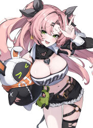  :d absurdres afri amillion_(zenless_zone_zero) bangboo_(zenless_zone_zero) black_ribbon black_shorts black_thighhighs breasts cleavage earrings eous_(zenless_zone_zero) female fur-trimmed_shorts fur_trim green_eyes hair_ribbon heart heart_necklace highres jewelry long_hair long_sleeves looking_at_viewer midriff mole mole_on_breast mole_under_eye navel necklace nicole_demara open_mouth pink_hair ribbon shorts single_thighhigh smile solo standing thighhighs thighs torn_clothes torn_thighhighs two_side_up w zenless_zone_zero 