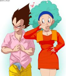  afro after_oral after_sex black_hair blue_eyes blush bulma_(afro) bulma_briefs clothed_after_sex curly_hair dragon_ball dragon_ball_super dragon_ball_z dress dressing embarrassed female male muscular muscular_male saiyan shirt simple_background tagme tsundere vegeta wet_panties xeno_doujin 