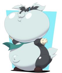  2024 4_fingers ambiguous_gender anthro belly belly_expansion black_nose blue_inner_ear clothing countershading domestic_cat expansion felid feline felis fingers fluffy fluffy_tail glistening gloves green_scarf grey_body grey_countershading hair handwear head_expansion hi_res mammal navel outie_navel scarf shaded silver_crown solo tagme tail toothystuff trinitylight 