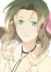  aerith_gainsborough brown_hair collarbone female final_fantasy final_fantasy_vii green_eyes hair_ribbon highres kobayashi_chizuru long_hair looking_at_viewer ribbon simple_background solo white_background 