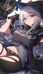  arknights arms_up ascot belt black_belt black_cape black_gloves black_hat black_pants breasts cape clothing_cutout commentary female gloves grey_ascot grey_hair grey_shirt hair_between_eyes hat highres large_breasts long_hair looking_at_viewer midriff navel pants parted_lips red_eyes shirt sitting skadi_(arknights) solo stratoz sword thigh_cutout weapon 