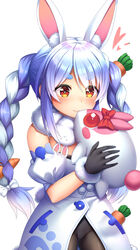  animal_ear_fluff animal_ears black_gloves black_leotard blue_hair blush bow braid brown_eyes carrot_hair_ornament closed_mouth commentary_request detached_sleeves don-chan_(usada_pekora) dress female food-themed_hair_ornament fur-trimmed_gloves fur_trim gloves hair_ornament hairbow heart highres holding hololive leotard long_hair multicolored_hair noshimasa photoshop_(medium) puffy_short_sleeves puffy_sleeves rabbit_ears rabbit_tail red_bow short_eyebrows short_sleeves simple_background smile solo strapless strapless_dress strapless_leotard symbol-shaped_pupils tail thick_eyebrows twin_braids twintails two-tone_hair usada_pekora usada_pekora_(1st_costume) very_long_hair virtual_youtuber white_background white_bow white_dress white_hair white_sleeves 