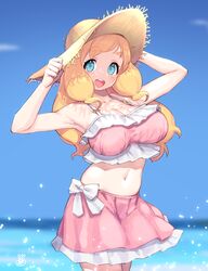  :d absurdres armpits arms_up artist_logo bad_id bad_pixiv_id bikini bikini_skirt blonde_hair blue_eyes blue_sky blurry blurry_background bow breasts cleavage collarbone commentary cowboy_shot day depth_of_field female frilled_bikini frills hands_on_headwear happy hat highres horizon indie_virtual_youtuber ishii_onkami large_breasts long_hair looking_at_viewer o-ring o-ring_bikini o-ring_top ocean open_mouth outdoors parted_bangs pink_bikini shaded_face shinonome_megu sidelocks signature sky smile solo standing stomach straw_hat swept_bangs swimsuit symbol-only_commentary teeth thick_eyebrows upper_teeth_only virtual_youtuber water_drop wavy_hair white_bow yellow_hat 