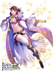  belt boots box_(hotpppink) breasts brown_hair cleavage dual_wielding eden_fantasia female frilled_sleeves frills gloves gun holding jacket official_art open_clothes open_jacket purple_eyes sandy_(eden_fantasia) shorts solo thighhighs weapon white_gloves white_thighhighs wide_sleeves 