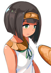  absurdres baguette black_hair blunt_bangs blush bob_cut bread breasts cowboy_shot dark-skinned_female dark_skin dress egyptian_clothes egyptian_loli_(surio) female female_child food green_eyes highres lolicon looking_at_viewer original solo surio tan 