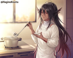  1boy ahoge apron black_hair brown_hair closed_mouth commentary_request commission cooking_pot covered_collarbone gradient_hair hagino_kouta hair_between_eyes hair_ribbon holding indoors kappougi kitchen ladle long_hair long_sleeves looking_at_viewer male_focus multicolored_hair original ponytail red_eyes ribbon skeb_commission smile solo tattoo very_long_hair white_apron white_ribbon window 