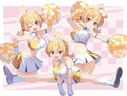  :d ;d absurdres bare_shoulders blonde_hair blue_archive breasts checkered_background cheerleader chisana_sekai female halo highres holding holding_pom_poms kotori_(blue_archive) kotori_(cheer_squad)_(blue_archive) medium_breasts millennium_cheerleader_outfit_(blue_archive) multiple_views one_eye_closed orange_sports_bra pom_pom_(cheerleading) red_eyes smile socks split sports_bra white_footwear white_socks yellow_halo 