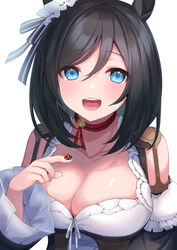  animal animal_ears black_hair blue_eyes blush bob_cut breasts bug choker cleavage collarbone commentary_request detached_sleeves dirndl eishin_flash_(umamusume) female german_clothes hashiko_nowoto horse_ears horse_girl ladybug large_breasts looking_at_viewer open_mouth red_choker revision short_hair simple_background smile solo swept_bangs teeth umamusume upper_body upper_teeth_only white_background 