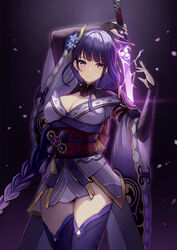  arm_behind_head blue_flower braid breasts bridal_gauntlets cherry_blossoms cleavage commentary cowboy_shot electricity female flower genshin_impact hair_flower hair_ornament hand_up highres holding holding_sword holding_weapon japanese_clothes jori kimono light_frown long_hair looking_at_viewer medium_breasts mitsudomoe_(shape) mixed-language_commentary mole mole_under_eye musou_isshin_(genshin_impact) obi obiage obijime petals purple_background purple_eyes purple_hair purple_kimono purple_nails purple_thighhighs raiden_shogun sash short_kimono single_braid solo sword sword_behind_back tassel thighhighs tomoe_(symbol) very_long_hair weapon wide_sleeves 