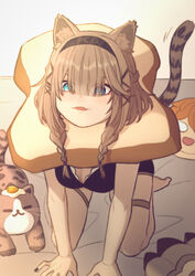  absurdres all_fours animal animal_ears barefoot bed bed_sheet black_nails blue_eyes bob_cut bread bread_slice breasts brown_hair can_(honkai_impact) cat_ears cat_girl cat_tail cleavage feline female food full_body green_eyes heterochromia highres honkai_(series) honkai_impact_3rd kaixuan_lushang looking_at_viewer medium_hair nail_polish open_mouth pardofelis_(honkai_impact) solo stuffed_toy tail 