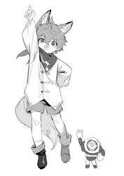  1boy aged_down akabane_yu animal_ears arm_up commentary fox_boy fox_ears fox_tail full_body genshin_impact greyscale hair_between_eyes highres index_finger_raised lolicon long_sleeves male_focus monochrome open_mouth ruin_guard_(genshin_impact) scarf shirt shorts simple_background socks standing symbol-only_commentary tail tartaglia_(genshin_impact) 