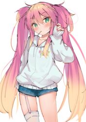  beatmania_iidx blue_shorts blush candy closed_mouth clothes_writing collarbone commentary_request drawstring eip_(pepai) female food food_in_mouth garter_straps gradient_hair green_eyes grey_hoodie hair_between_eyes hand_up heart hood hood_down hoodie lollipop long_hair long_sleeves multicolored_hair nail_polish pinching_sleeves pink_hair pink_nails short_shorts shorts simple_background sleeves_past_wrists solo thighhighs twintails very_long_hair white_background white_thighhighs yamashina_shizuku 