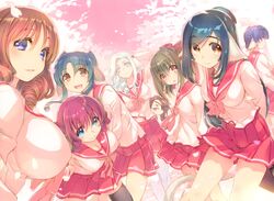  6+girls :o amazuyu_tatsuki animal_ears arm_behind_head arm_up arms_behind_back atuy black_hair black_legwear blue_eyes blue_hair breasts brown_hair cherry_blossoms cleavage cosplay drill_hair entua fumirul high_ponytail kuon_(utawarerumono) large_breasts long_hair long_sleeves looking_at_viewer mozunu multiple_girls munechika nekone_(utawarerumono) non-web_source nosuri official_art open_mouth orange_eyes pink_eyes pleated_skirt purple_eyes purple_hair red_eyes red_hair red_skirt school_uniform serafuku short_hair skirt smile tail thighhighs to_heart_(series) to_heart_2 utawarerumono white_hair white_legwear 