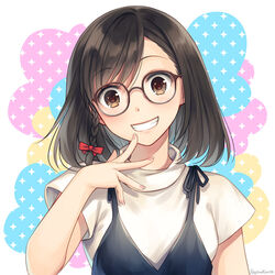  artist_name black_hair blue_background blush bob_cut bow braid breasts brown-framed_eyewear brown_eyes brown_hair commentary_request commission duplicate english_commentary female fingernails forehead glasses grin hagino_kouta hairbow hand_on_own_chin hand_up head_tilt looking_at_viewer multicolored_background nail_polish open_mouth original parted_bangs pink_background pink_nails pixel-perfect_duplicate red_bow round_eyewear shirt short_hair short_sleeves single_braid skeb_commission smile solo sparkle_background teeth upper_body white_background white_shirt yellow_background 