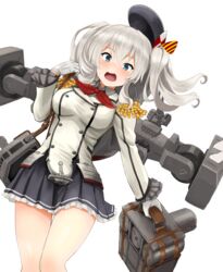  beret blue_eyes blush breasts epaulettes female frilled_skirt frills gloves grey_hair hat holding kantai_collection kashima_(kancolle) long_hair long_sleeves neckerchief open_mouth red_neckerchief rigging simple_background skirt solo sweat twintails unworn_hat unworn_headwear watanore wavy_hair white_background white_gloves 