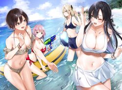  4girls absurdres ball beachball bikini bikini_skirt black_hair blonde_hair blush bob_cut bow braid breasts brown_hair cleavage closed_mouth collarbone day food-themed_hair_ornament frilled_bikini frills groin hair_ornament hairbow hairclip hand_up highres hitotsuba_kaede holding holding_water_gun kakao_(chocolate_land) large_breasts long_hair looking_at_another medium_breasts miyamoto_yui multiple_girls navel nikaido_ai novel_illustration ocean official_art one_eye_closed ootsuki_akiho open_mouth outdoors pink_hair red_bikini ryoushin_no_shakkin scrunchie second-party_source short_hair shorts side-tie_bikini_bottom sitting sky standing stomach strawberry_hair_ornament swimsuit thigh_gap thighs water_gun white_bow wrist_scrunchie x_hair_ornament 