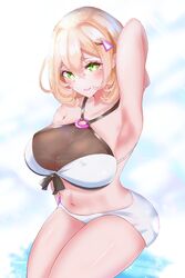  absurdres arm_behind_back arm_behind_head armpits bare_shoulders blonde_hair blush breasts cleavage closed_mouth collarbone feet_out_of_frame female girls&#039;_frontline green_eyes hair_ornament hairclip highres large_breasts lips looking_at_viewer medium_hair mole mole_under_eye navel official_alternate_costume one-piece_swimsuit presenting_armpit px4_storm_(girls&#039;_frontline) px4_storm_(seaside_paradigm)_(girls&#039;_frontline) simple_background sitting smile solo swimsuit tonbo_(arfry) white_one-piece_swimsuit 