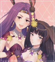  2girls animal_ears black_hair breasts brown_eyes cleavage earrings fake_animal_ears fire_emblem fire_emblem_awakening fire_emblem_echoes:_shadows_of_valentia fire_emblem_heroes flower grey_eyes hair_flower hair_ornament highres holding_hands jewelry large_breasts lilshironeko long_hair looking_at_viewer multiple_girls official_alternate_costume open_mouth purple_hair rabbit_ears sonya_(fire_emblem_gaiden) sonya_(spring)_(fire_emblem) teeth tharja_(fire_emblem) tharja_(spring)_(fire_emblem) upper_body upper_teeth_only yellow_flower 