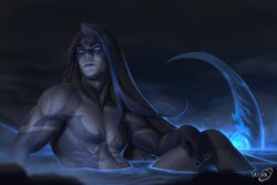  1boy black_hair blue_eyes blue_hair collarbone dripping facial_mark glowing glowing_eyes glowing_weapon highres kayn_(league_of_legends) league_of_legends long_hair male_focus multicolored_hair navel night night_sky nipples nude outdoors parted_lips partially_submerged saturn_(satscarlet) scythe signature sitting sky solo steam tattoo water weapon wet 