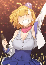  ahoge arm_up blonde_hair blue_hat blush breasts cleavage closed_eyes confetti covered_navel detached_sleeves dress female garrison_cap glowstick griffon_(last_origin) grin hair_ornament hat heart heart_hair_ornament holding holding_microphone ichihyaku_nanajuu idol jacket korean_commentary large_breasts last_origin microphone official_alternate_costume pink_scarf scarf short_hair smile solo stained_clothes sweat sweaty_clothes teeth upper_body 