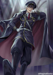  1boy artist_name belt black_footwear black_legwear black_pants blood blood_on_face blurry blurry_background cape commentary_request commission from_below full_body gloves gold_trim hagino_kouta hair_between_eyes hand_on_own_hip hat highres long_sleeves looking_at_viewer looking_down male_focus military military_hat military_uniform necktie on_shoulder open_mouth original pants red_necktie skeb_commission solo teeth tongue tongue_out twitter_username uniform upper_teeth_only v-shaped_eyebrows white_gloves 