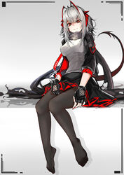  absurdres antennae arknights black_gloves black_jacket black_pantyhose black_skirt breasts chinese_commentary closed_mouth commentary demon_girl demon_horns demon_tail feet female fingerless_gloves full_body gloves grey_hair grey_scarf grey_shirt highres horns jacket long_hair looking_at_viewer medium_breasts nail_polish no_shoes open_clothes open_jacket orange_eyes pantyhose red_nails scarf shirt simple_background sitting skirt sleeves_rolled_up smile solo ss-7 tail w_(arknights) 