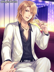  1boy alcohol belt black_belt black_shirt blurry blurry_background brown_eyes champagne champagne_flute collarbone collared_shirt commentary_request commission couch crossed_legs cup depth_of_field dress_shirt drinking_glass earrings female formal hagino_kouta holding holding_cup indoors jacket jewelry light_brown_hair long_sleeves looking_at_viewer male_focus nail_polish on_couch open_clothes open_jacket original out_of_frame pants parted_bangs parted_lips pink_nails shirt sitting skeb_commission smile solo_focus suit teeth twitter_username upper_teeth_only white_jacket white_pants 